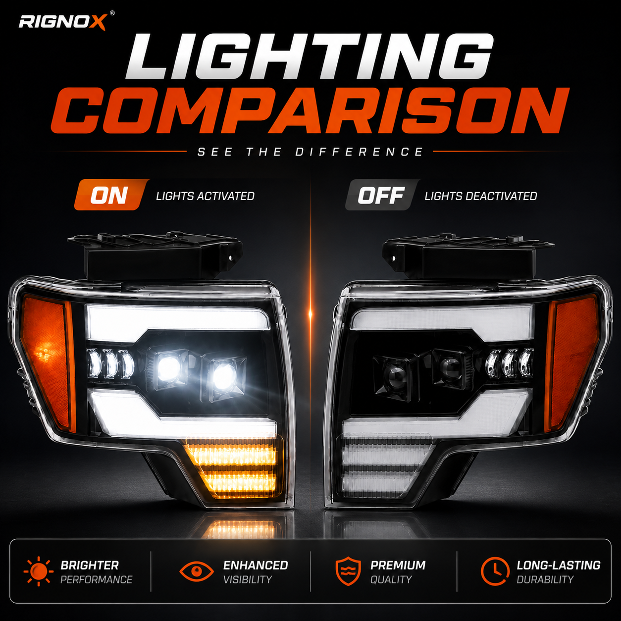 2009-2014 Ford F-150 LED Dual Projector Headlights — lens lit and unlit — H-F150-09