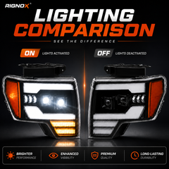 2009-2014 Ford F-150 LED Dual Projector Headlights — lens lit and unlit — H-F150-09
