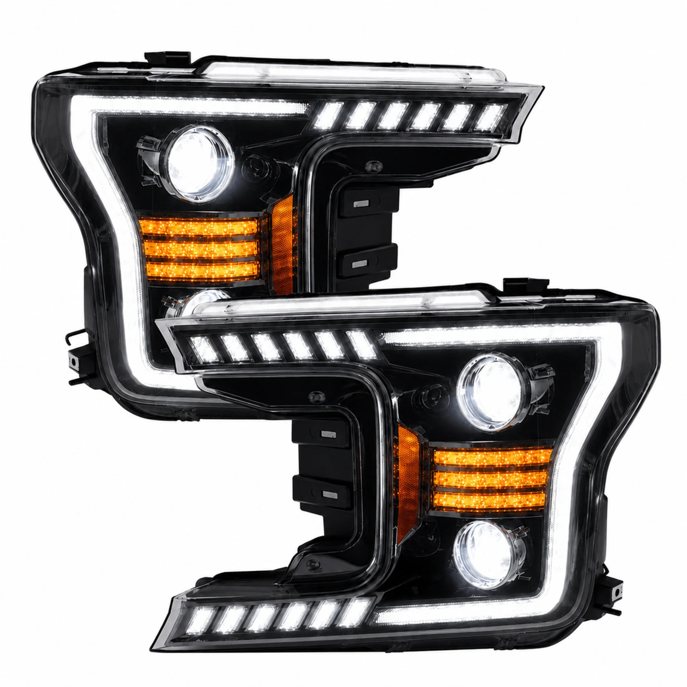 2018-2020 Ford F-150 LED Dual Projector Headlights — black housing C-shaped DRL main product view — H-F150-18