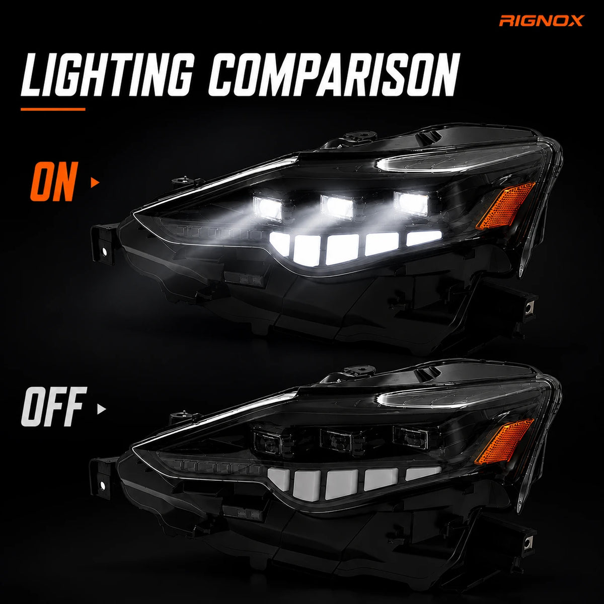 2014-2016 Lexus IS250 / IS200t / IS300 / IS350 LED Triple Projector Headlights — lens lit and unlit — H-IS14