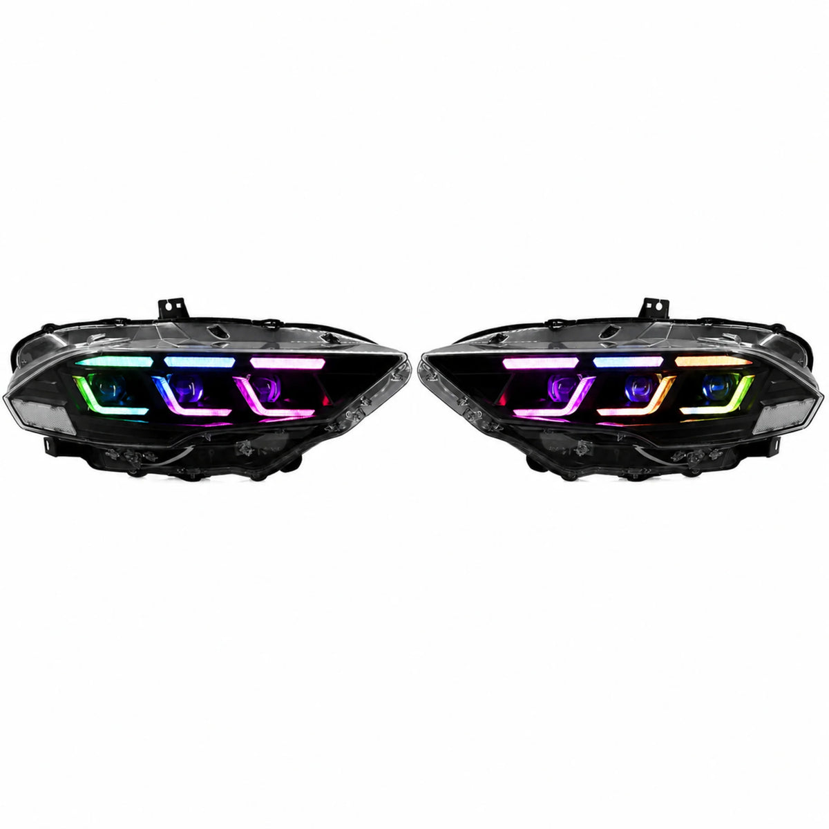 2018-2023 Ford Mustang S550 Facelift LED Triple Projector Headlights — main product view — H-MUS18-CRGB