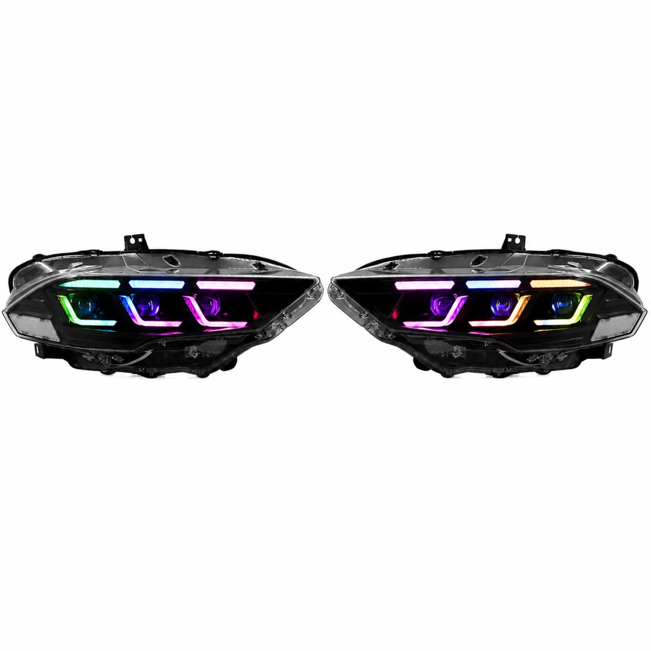 2018-2023 Ford Mustang S550 Facelift LED Triple Projector Headlights — main product view — H-MUS18-CRGB