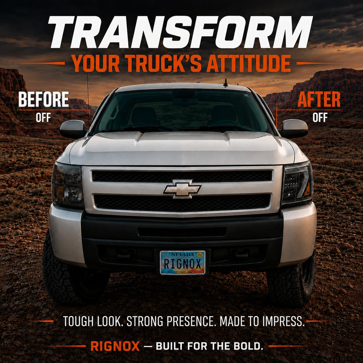 2007-2013 Chevrolet Silverado 1500 and 2007-2014 2500HD/3500HD LED Dual Projector Headlights — before and after unlit — H-SIL07