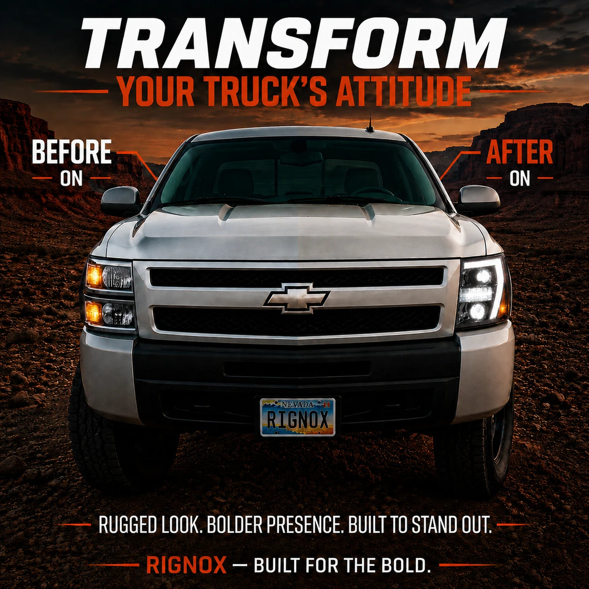 2007-2013 Chevrolet Silverado 1500 and 2007-2014 2500HD/3500HD LED Dual Projector Headlights — before and after lit — H-SIL07