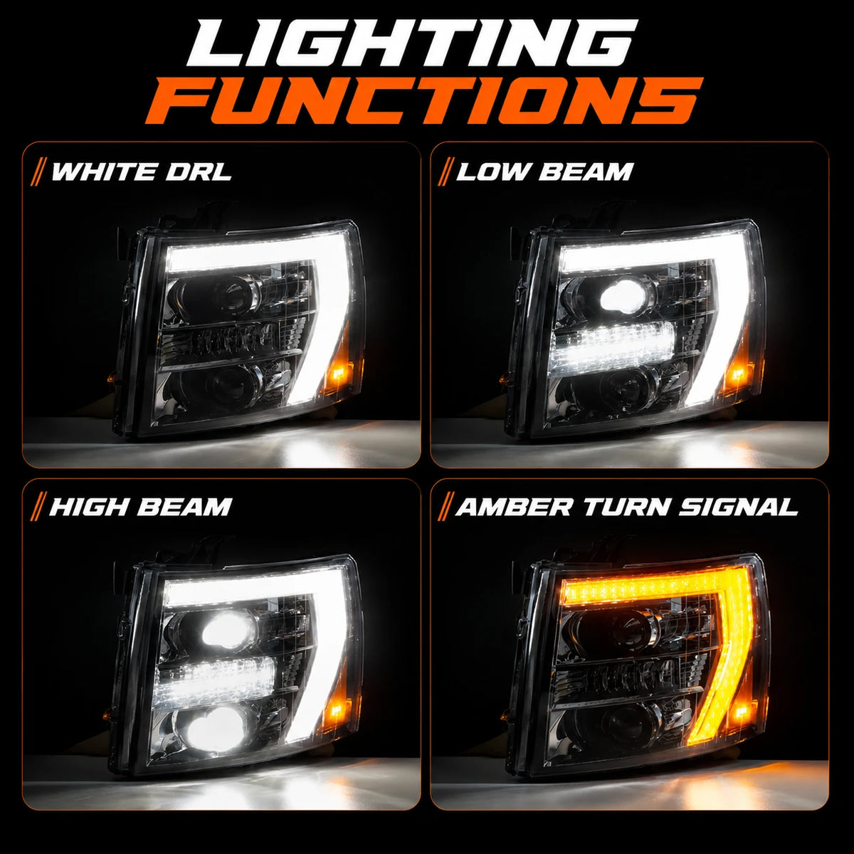 2007-2013 Chevrolet Silverado 1500 and 2007-2014 2500HD/3500HD LED Dual Projector Headlights — lighting functions — H-SIL07