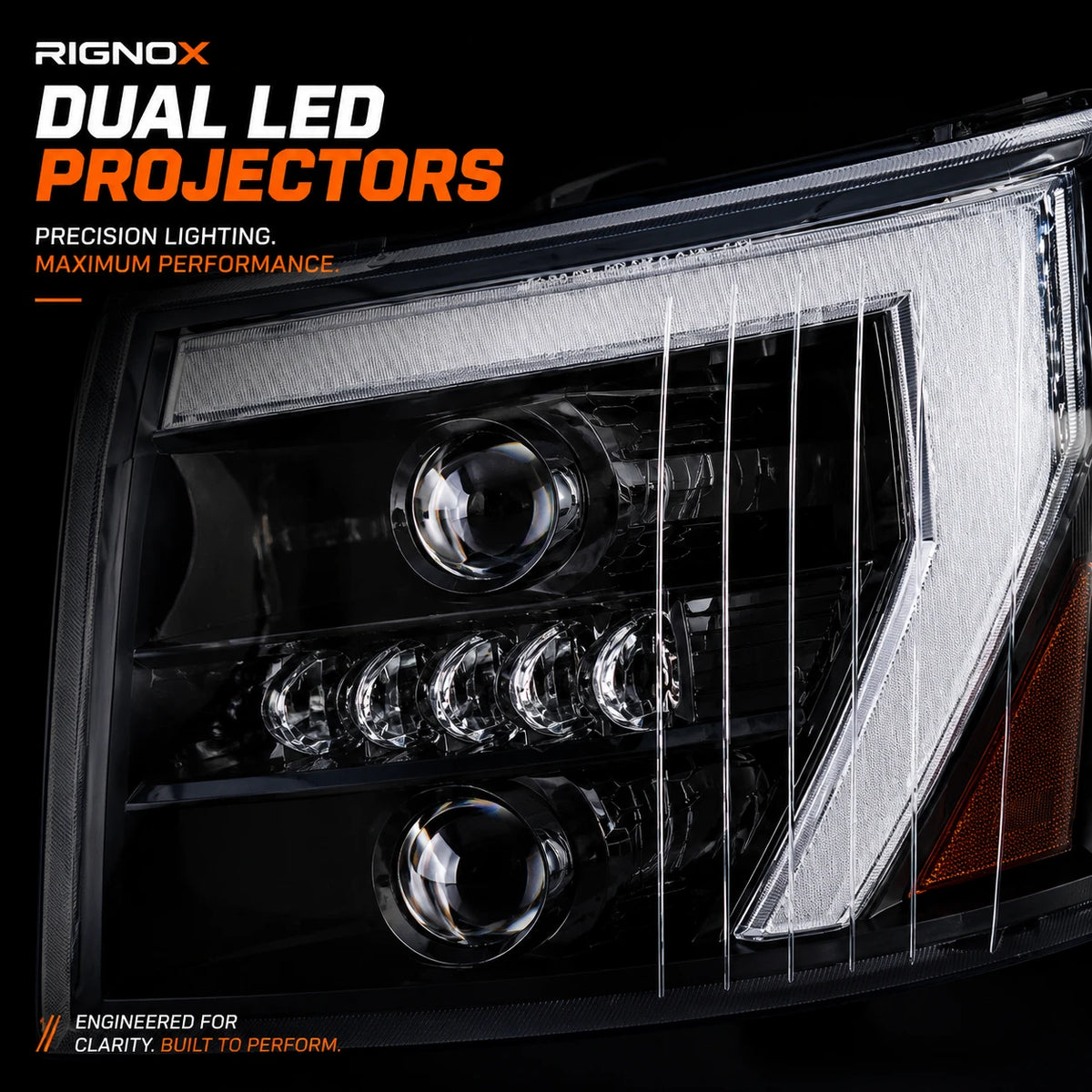 2007-2013 Chevrolet Silverado 1500 and 2007-2014 2500HD/3500HD LED Dual Projector Headlights — projector close-up — H-SIL07