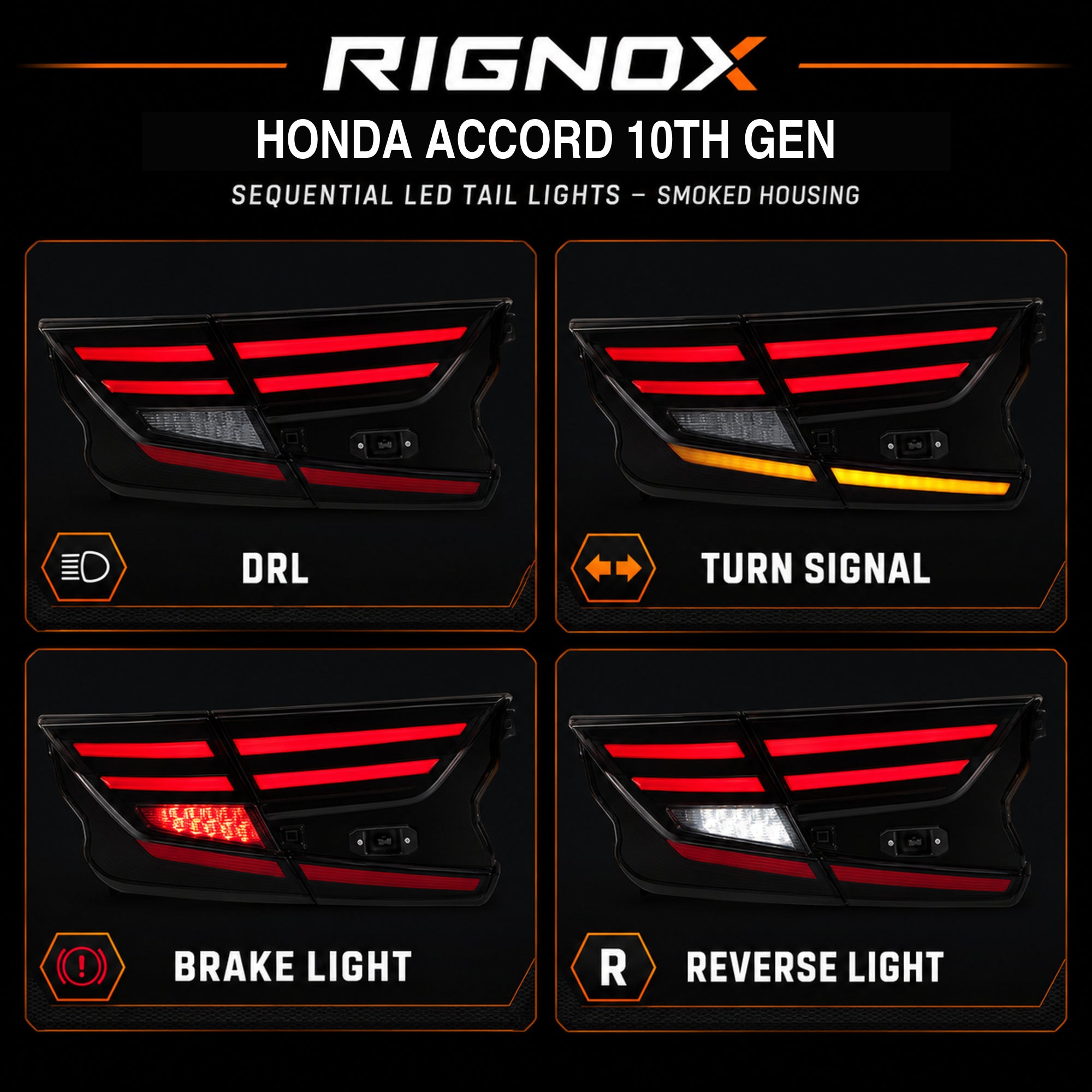 2018-2022 Honda Accord 10th Gen Sequential LED Tail Lights — smoked red lighting modes - T-ACC10-FSH-SR
