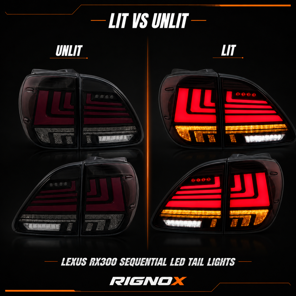 1998-2003 Lexus RX300 Sequential LED Tail Lights — lit unlit comparison - T-RX98-SR