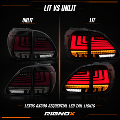1998-2003 Lexus RX300 Sequential LED Tail Lights — lit unlit comparison - T-RX98-SR