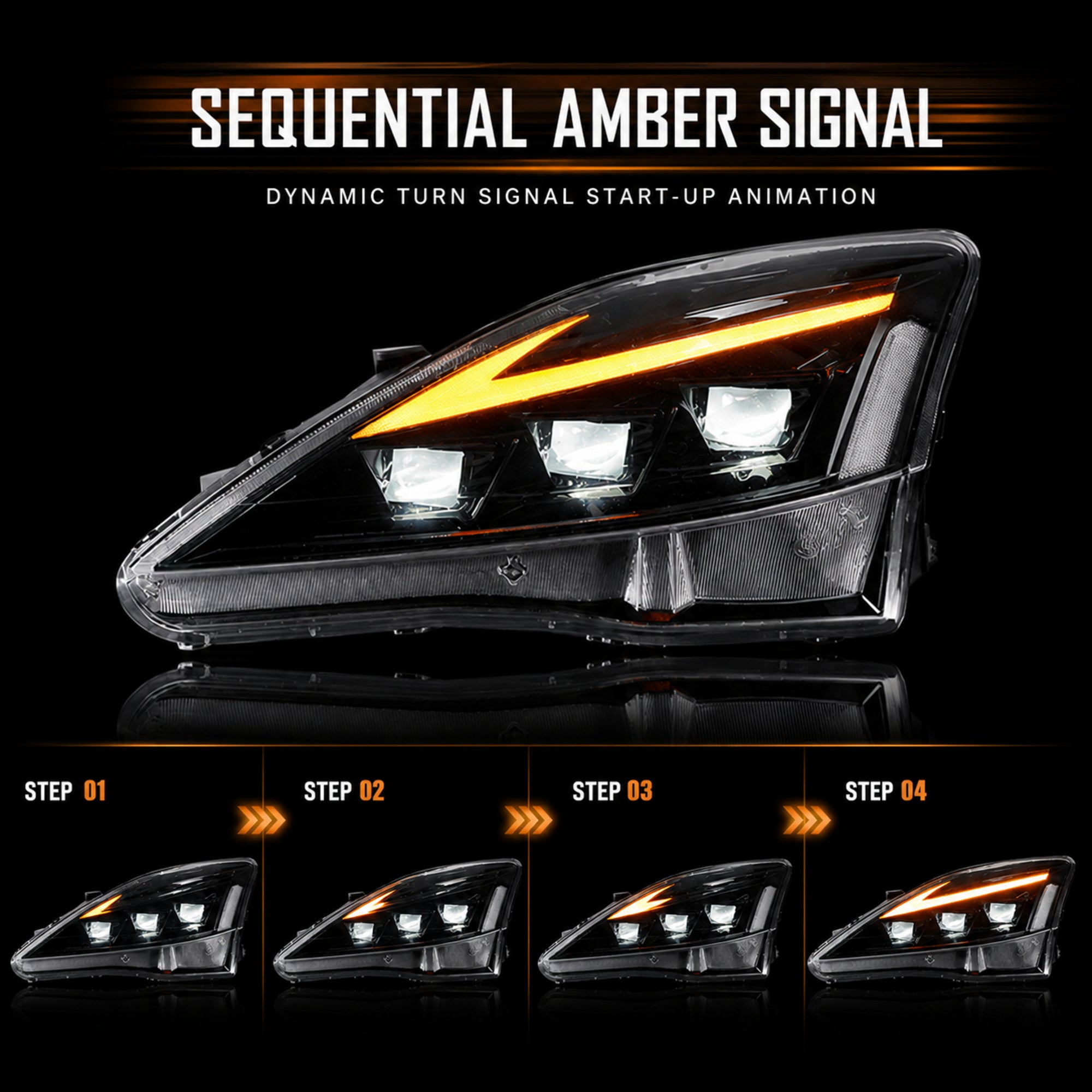 2006-2013 Lexus IS250 / IS350 / IS-F LED Triple Projector Headlights — clear amber sequential function09 - H-IS06-CW