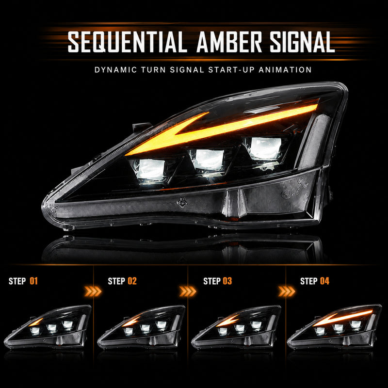 2006-2013 Lexus IS250 / IS350 / IS-F LED Triple Projector Headlights — clear amber sequential function09 - H-IS06-CW