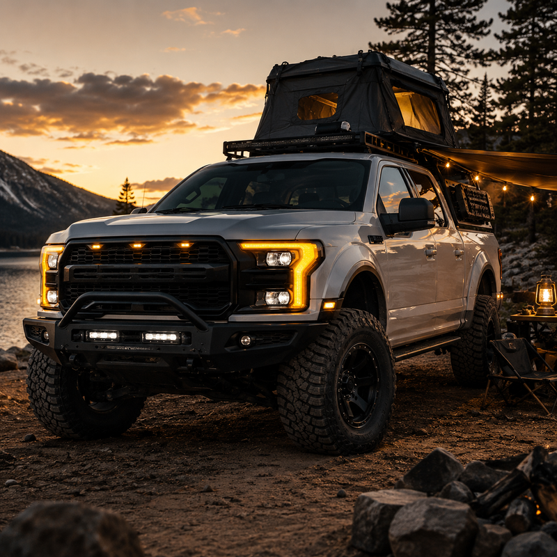 2015-2017 Ford F-150 LED Dual Projector Headlights — black housing camping amber DRL scene — H-F150-15