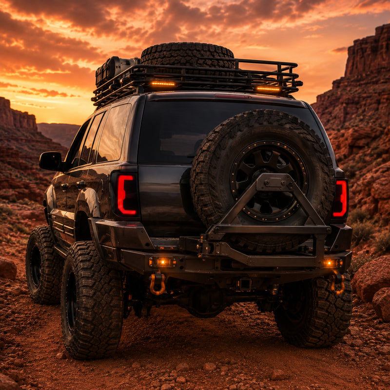 1999-2004 Jeep Grand Cherokee Sequential LED Tail Lights — smoked c bar dusk trail rear