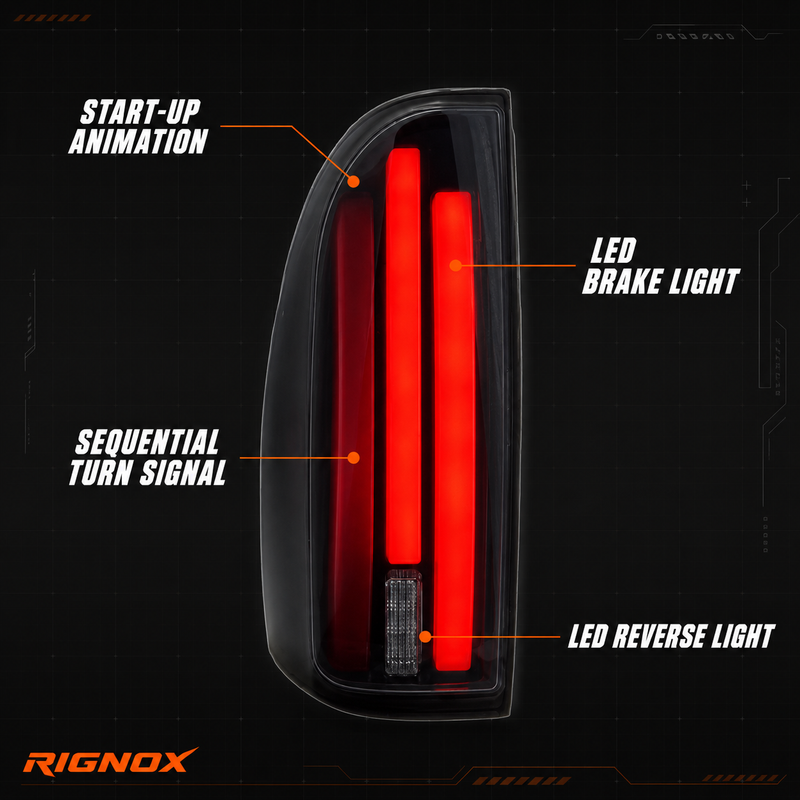 2005-2015 Toyota Tacoma 2nd Gen Sequential LED Tail Lights — rignox function callouts — T-TAC05