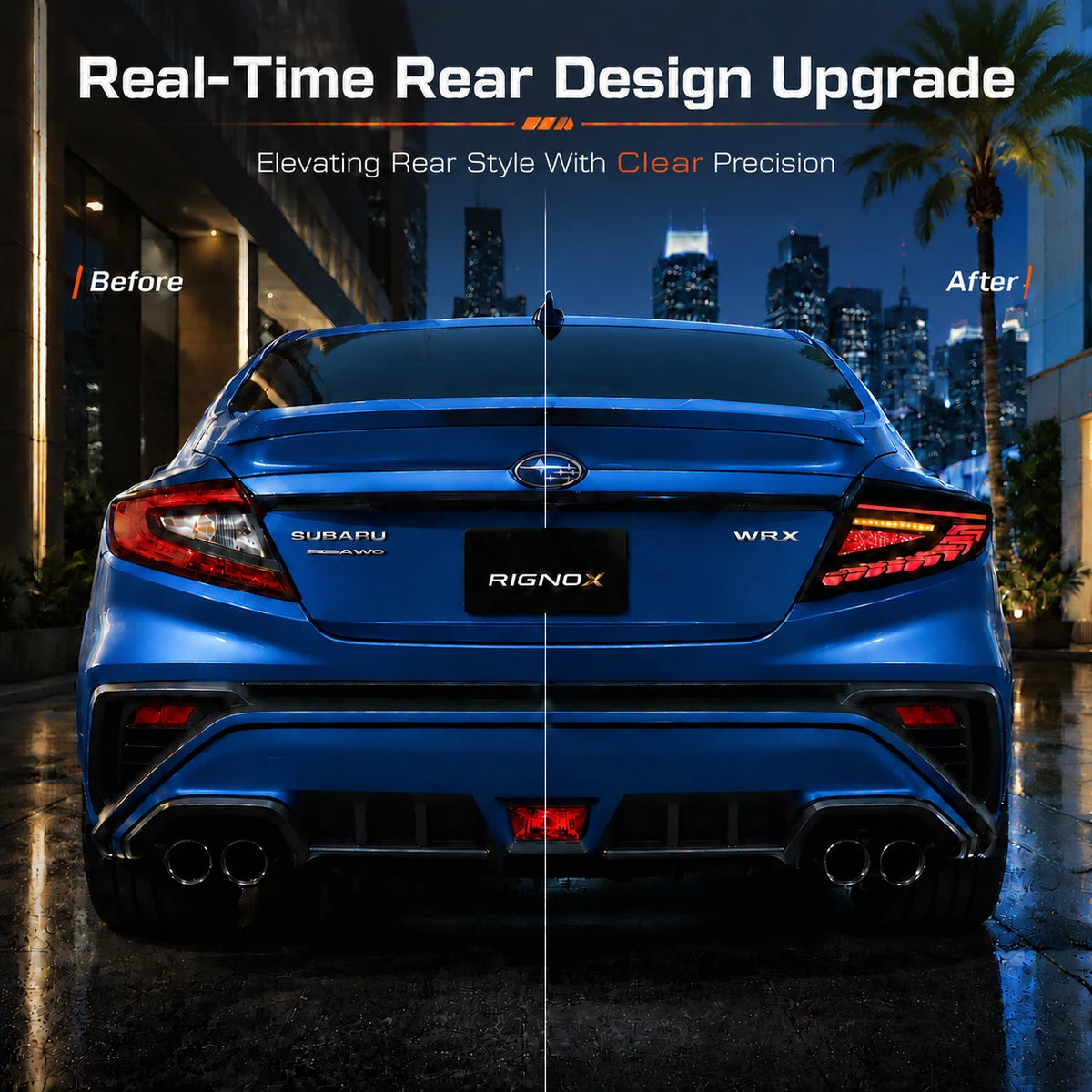 2022-2026 Subaru WRX VB Dragon-Scale Sequential LED Tail Lights — before and after — T-WRX22-CW-DS