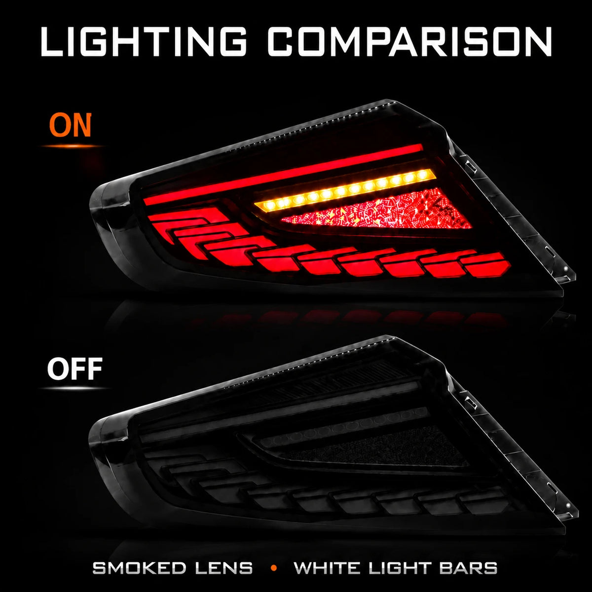 2022-2026 Subaru WRX VB Dragon-Scale Sequential LED Tail Lights — lit and unlit comparison — T-WRX22-SW-DS