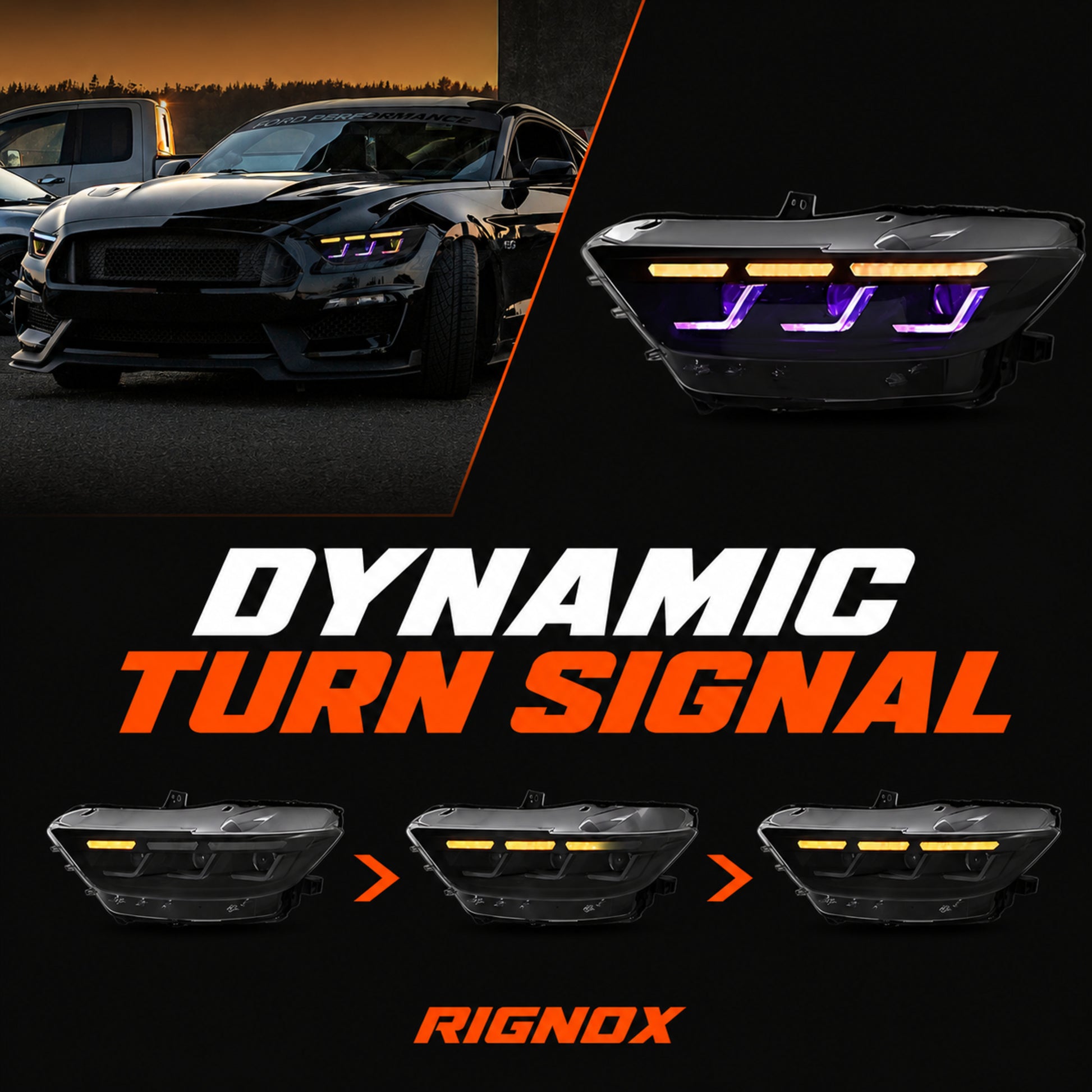 2015-2017 Ford Mustang S550 Pre-Facelift LED Triple Projector Headlights — black housing rignoxdynamic turn signal - H-MUS15-RGB