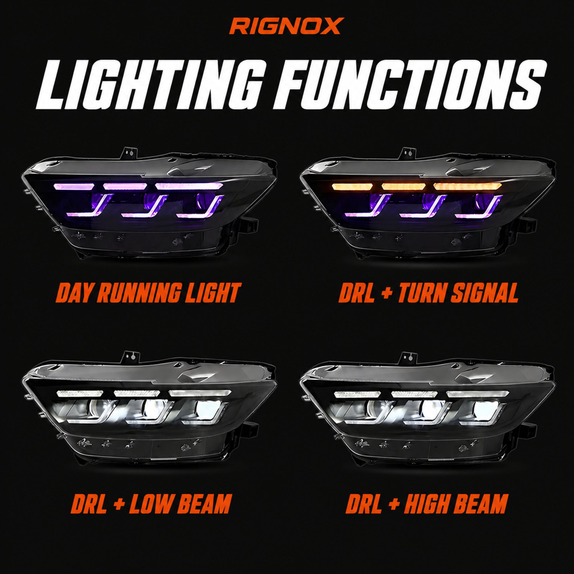 2015-2017 Ford Mustang S550 Pre-Facelift LED Triple Projector Headlights — black housing rignoxlighting functions - H-MUS15-RGB