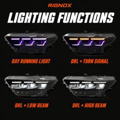 2015-2017 Ford Mustang S550 Pre-Facelift LED Triple Projector Headlights — black housing rignoxlighting functions - H-MUS15-RGB
