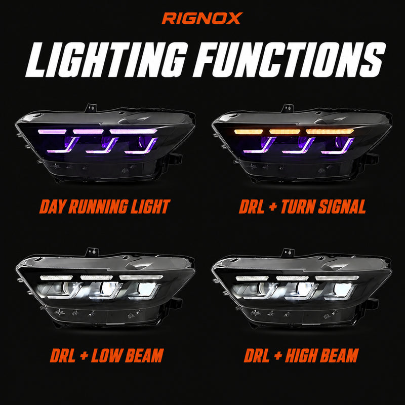 2015-2017 Ford Mustang S550 Pre-Facelift LED Triple Projector Headlights — black housing rignoxlighting functions - H-MUS15-RGB