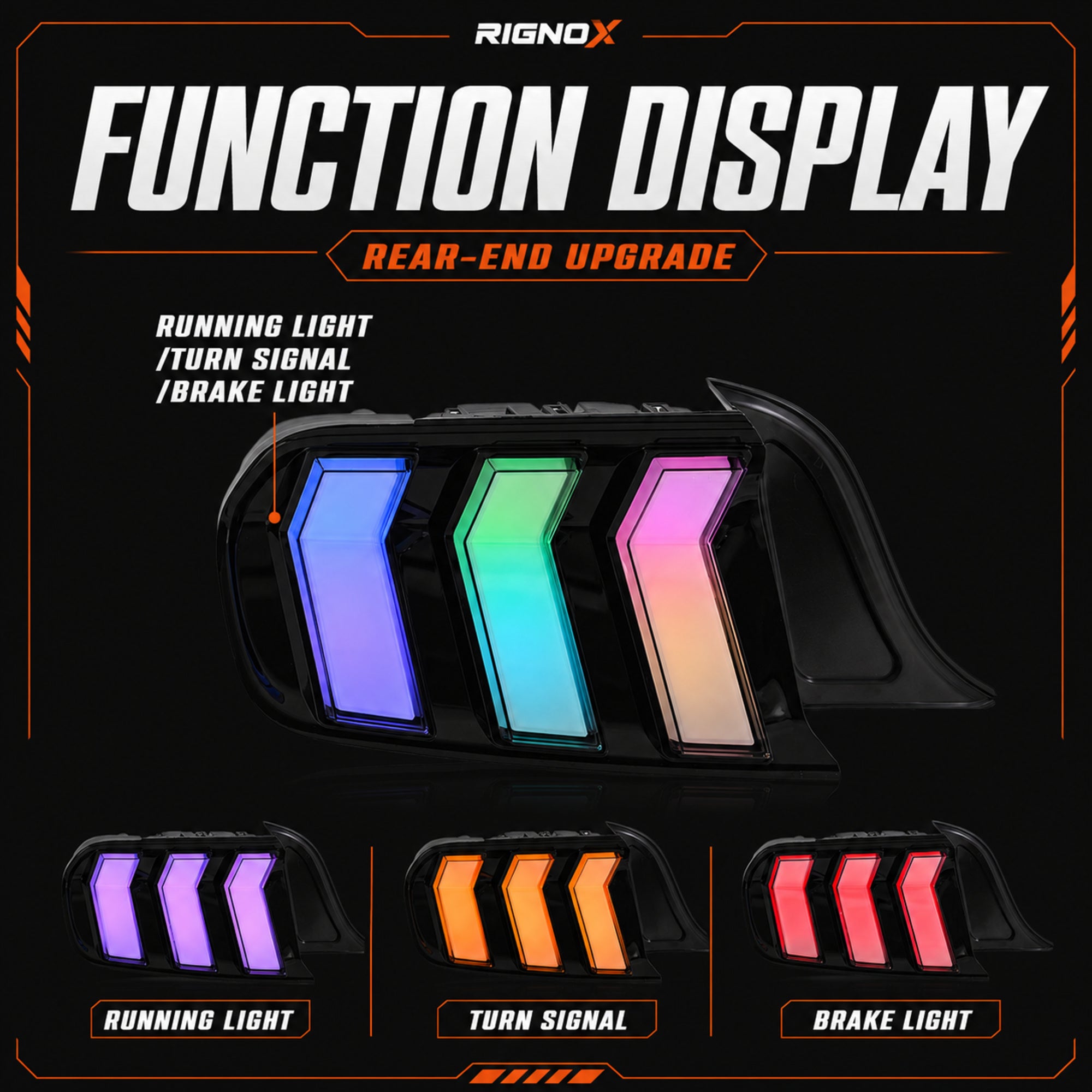 2015-2023 Ford Mustang S550 Sequential LED Tail Lights — smoked function display - T-MUS15-CRGB