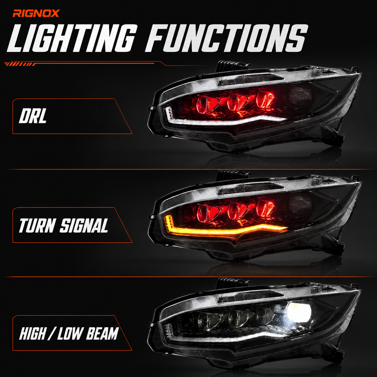 2016-2021 Honda Civic 10th Gen LED Projector Headlights — product view 37 - H-CIV10-RGB
