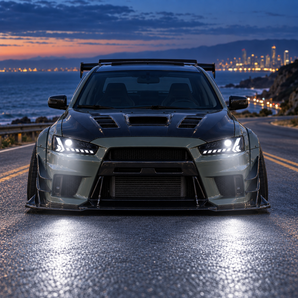 2008-2017 Mitsubishi Lancer / EVO X LED Projector Headlights — running high beam — H-EVO-CRGB