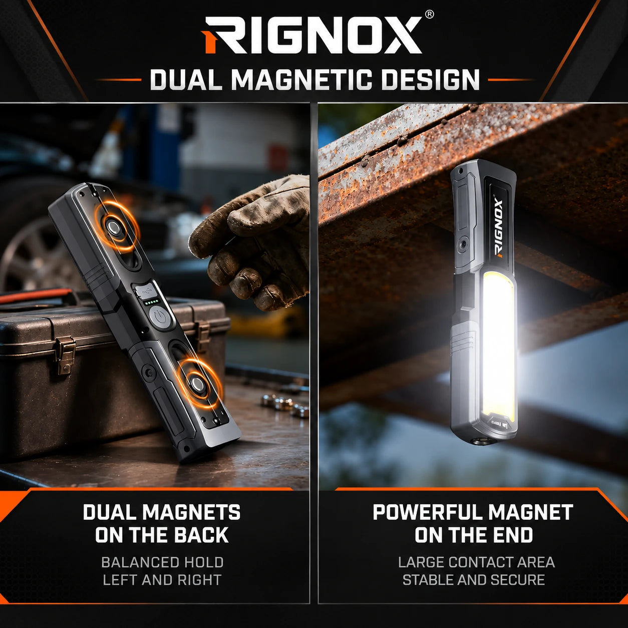 RIGNOX G09 PRO Rechargeable LED + COB Work Light — dual magnetic mounting design — GZD-G09