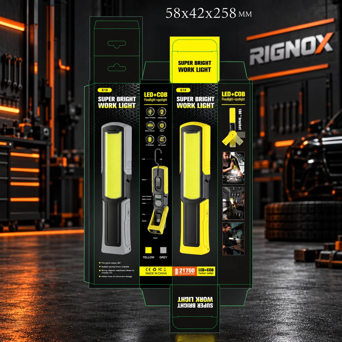 RIGNOX G09 PRO Rechargeable LED + COB Work Light — package design and dimensions — GZD-G09