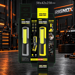 RIGNOX G09 PRO Rechargeable LED + COB Work Light — package design and dimensions — GZD-G09