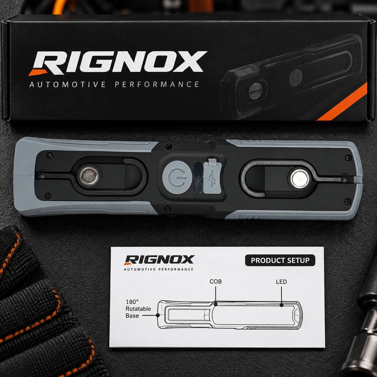 RIGNOX G09 PRO Rechargeable LED + COB Work Light — product back view and setup guide — GZD-G09