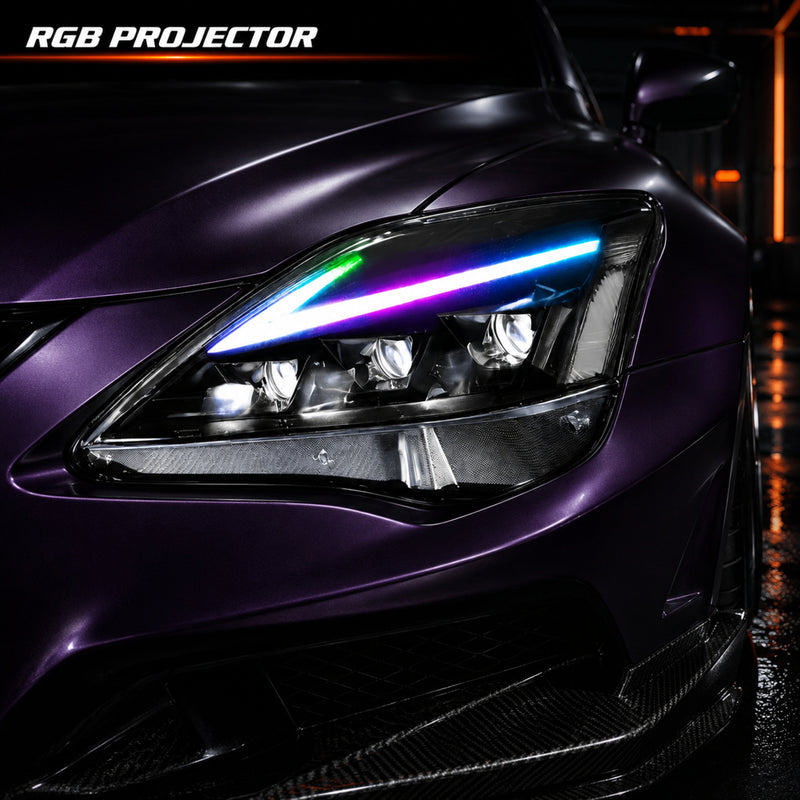 2006-2013 Lexus IS250 / IS350 / IS-F LED Triple Projector Headlights — closeup purple - H-IS06-CRGB