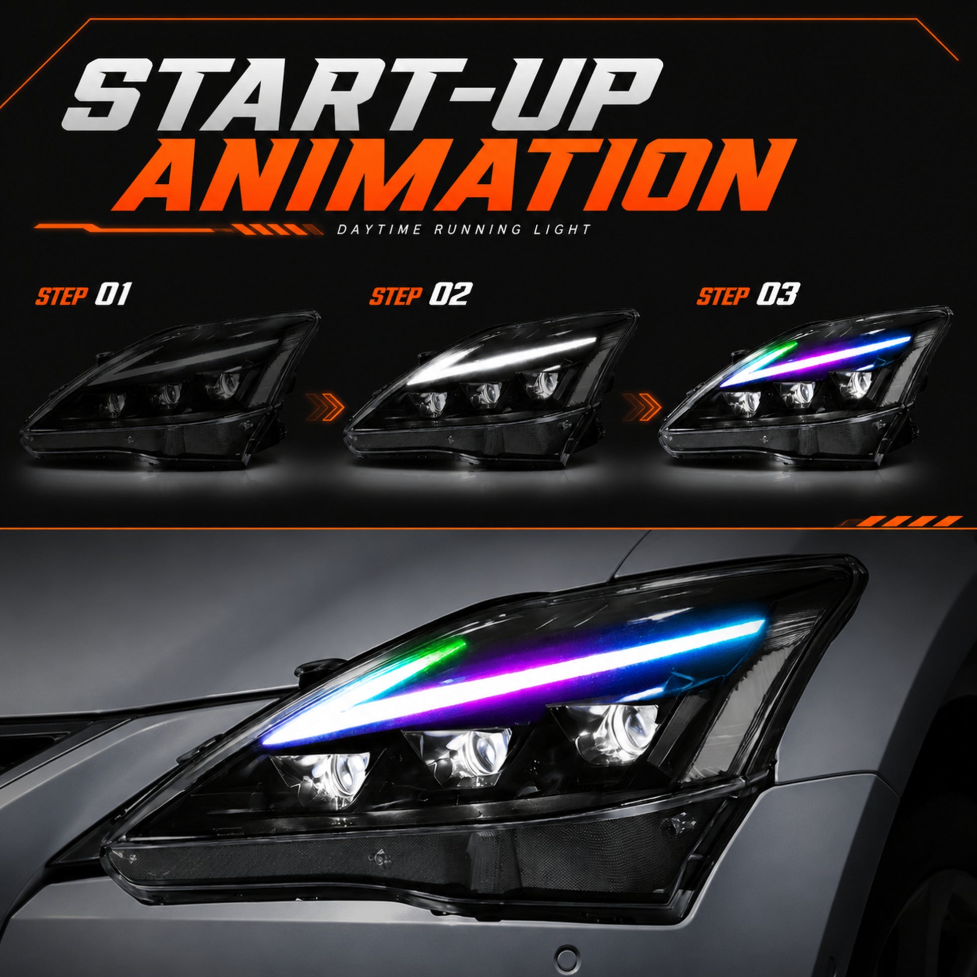 2006-2013 Lexus IS250 / IS350 / IS-F LED Triple Projector Headlights — product view 28 - H-IS06-CRGB