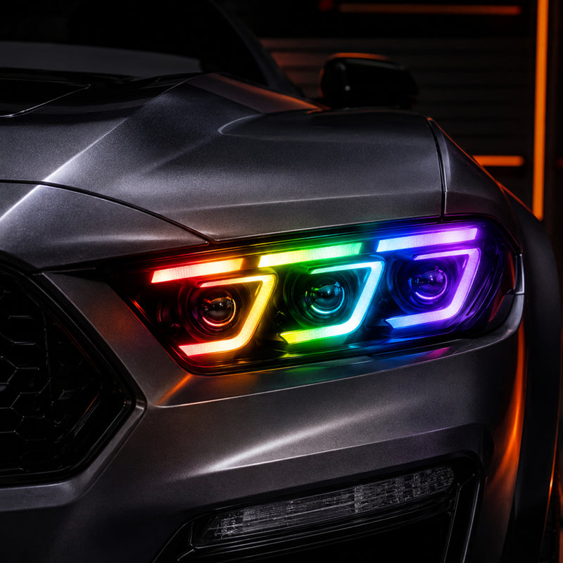 2018-2023 Ford Mustang S550 Facelift LED Triple Projector Headlights — product view 22 - H-MUS18-CRGB