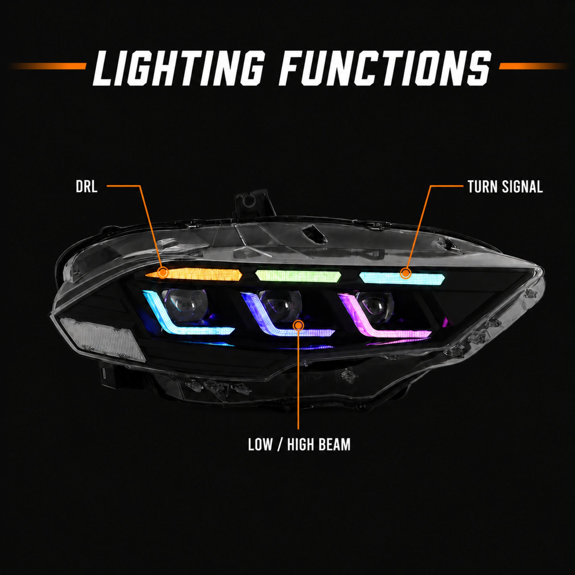 2018-2023 Ford Mustang S550 Facelift LED Triple Projector Headlights — product view 30 - H-MUS18-CRGB
