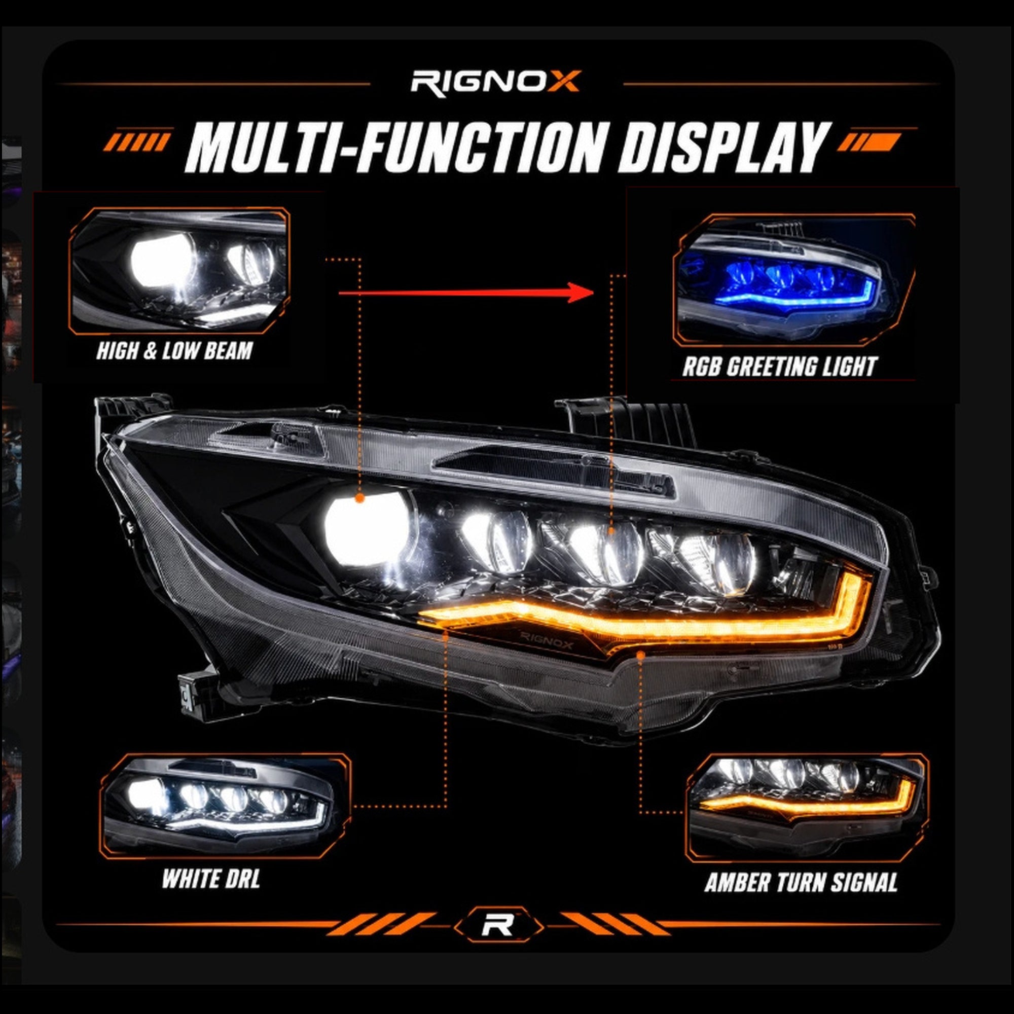 2016-2021 Honda Civic 10th Gen LED Projector Headlights — product view 23 - H-CIV10-RP