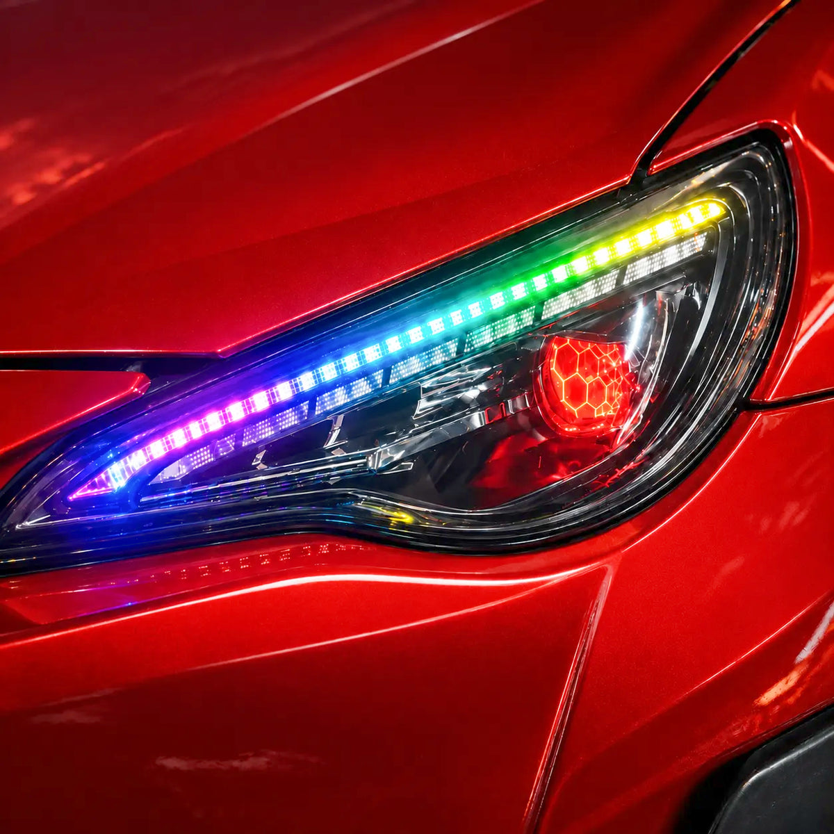 2012-2020 Toyota GT86 / Subaru BRZ / Scion FR-S LED Projector Headlights — lights-on close-up — H-GT86