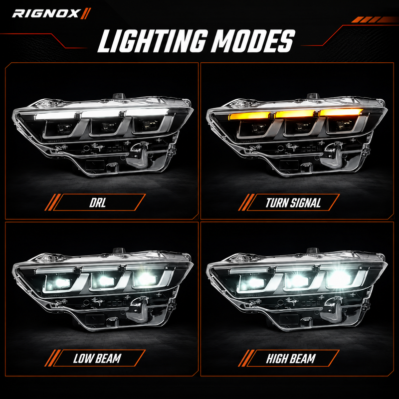 2024-2026 Ford Mustang S650 LED Triple Projector Headlights — function style - H-MUS24-BK