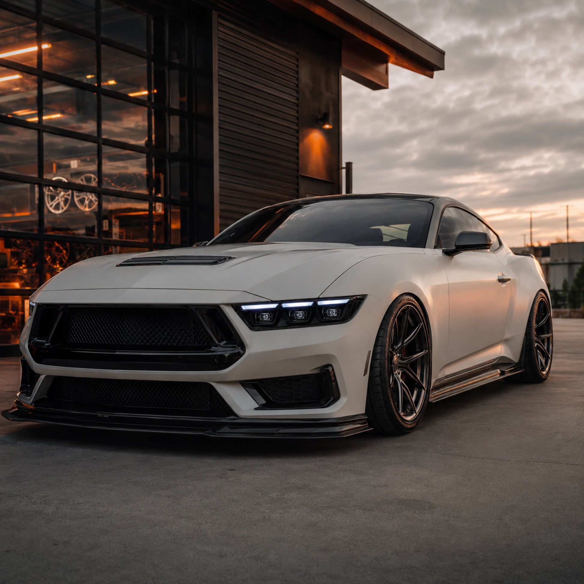 2024-2026 Ford Mustang S650 LED Triple Projector Headlights — product view 45 - H-MUS24-BK-RGB