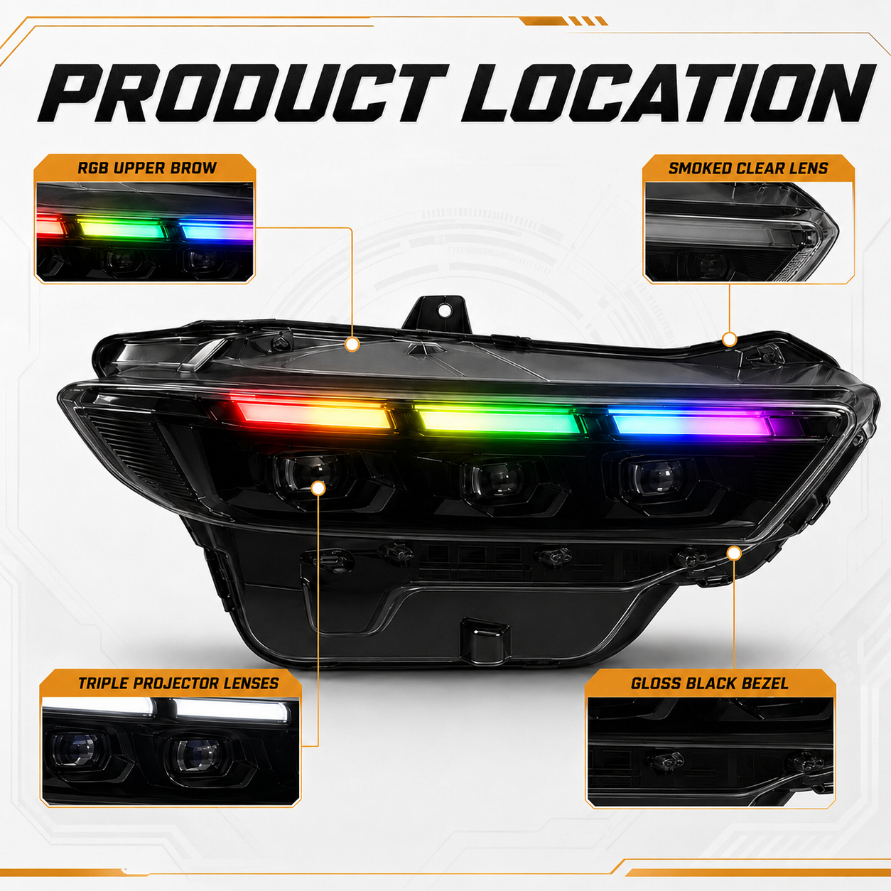 2024-2026 Ford Mustang S650 LED Triple Projector Headlights — product view 49 - H-MUS24-BK-RGB