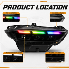 2024-2026 Ford Mustang S650 LED Triple Projector Headlights — product view 49 - H-MUS24-BK-RGB