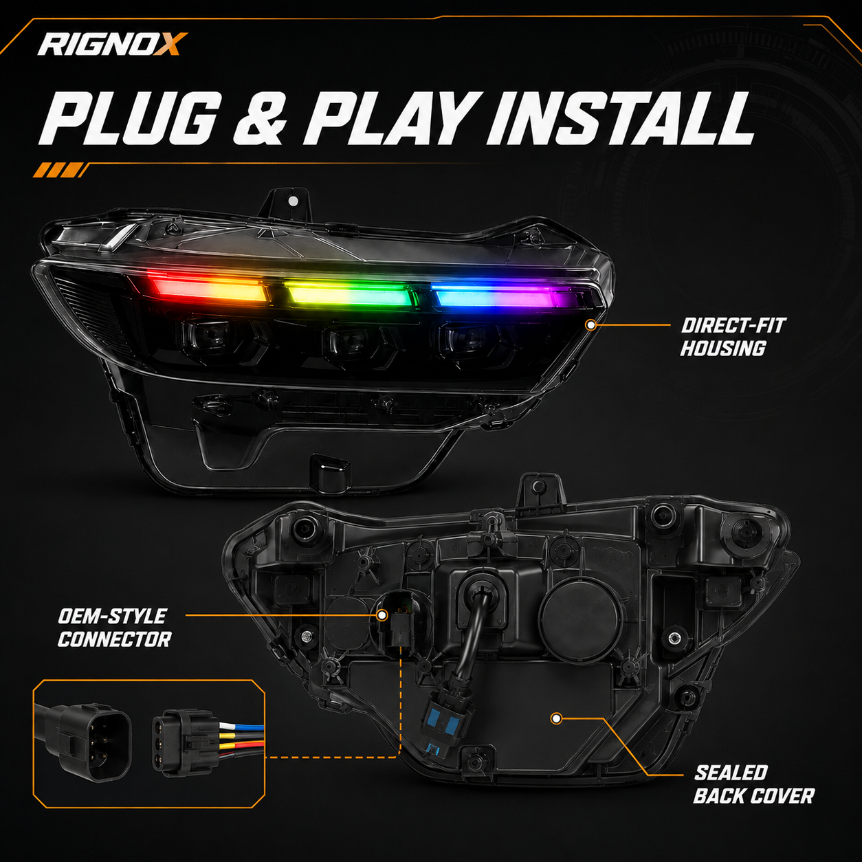 2024-2026 Ford Mustang S650 LED Triple Projector Headlights — product view 50 - H-MUS24-BK-RGB