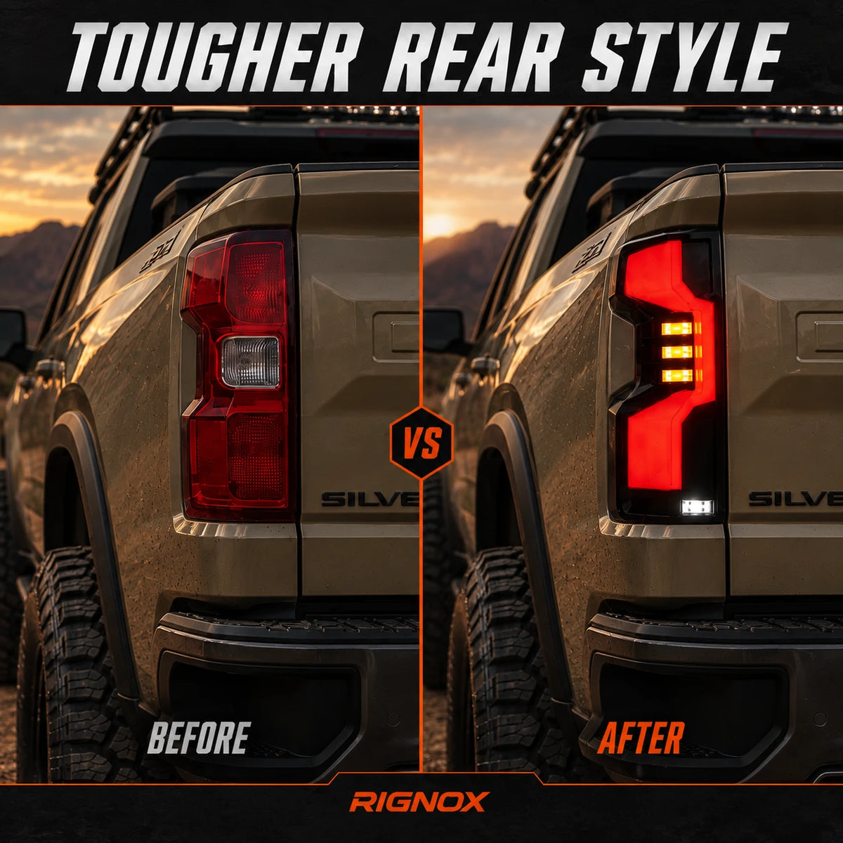 2019-2026 Chevrolet Silverado 1500 / 2020-2023 2500HD/3500HD Sequential LED Tail Lights — before and after comparison — T-SILV19-SR