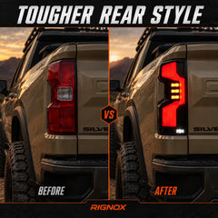 2019-2026 Chevrolet Silverado 1500 / 2020-2023 2500HD/3500HD Sequential LED Tail Lights — before and after comparison — T-SILV19-SR