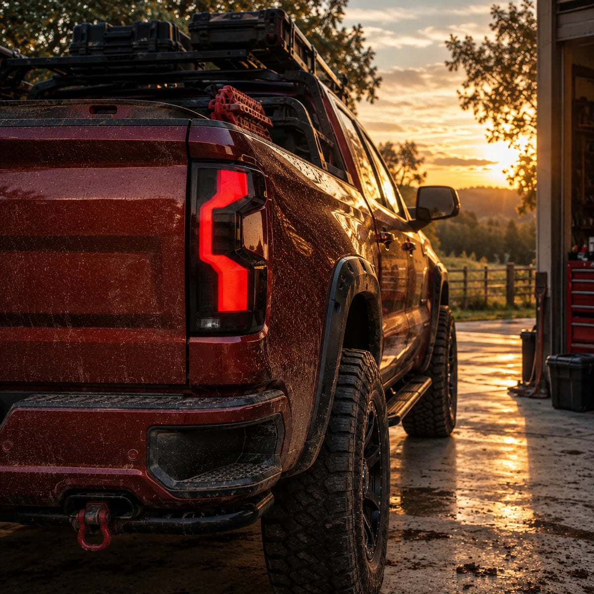 2019-2026 Chevrolet Silverado 1500 / 2020-2023 2500HD/3500HD Sequential LED Tail Lights — rear tail light view at sunset — T-SILV19-SR