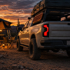 2019-2026 Chevrolet Silverado 1500 / 2020-2023 2500HD/3500HD Sequential LED Tail Lights — overland camp rear view at dusk — T-SILV19-SR