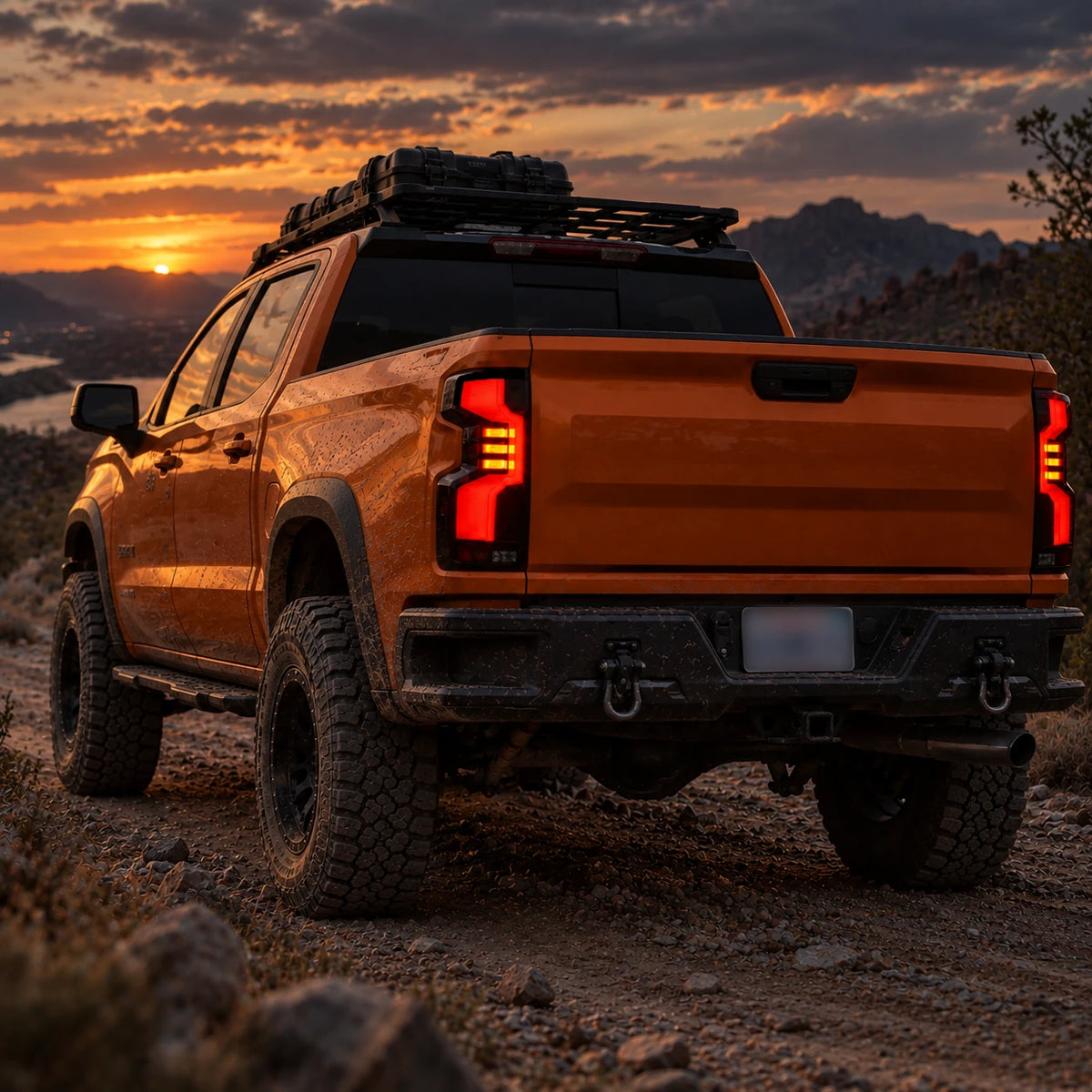 2019-2026 Chevrolet Silverado 1500 / 2020-2023 2500HD/3500HD Sequential LED Tail Lights — off-road rear view at sunset — T-SILV19-SR